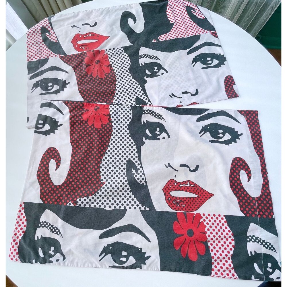 Vintage 80s Pop Art pillowcases set, comic girl with red lips, red black dots